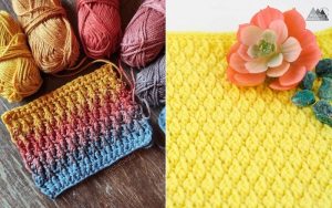 Left image: a crochet project with multicolored yarn showcasing the intricate beauty of an alpine stitch blanket. Right image: a close-up of yellow knitted fabric adorned with a decorative flower and stones, highlighting meticulous craftsmanship.
