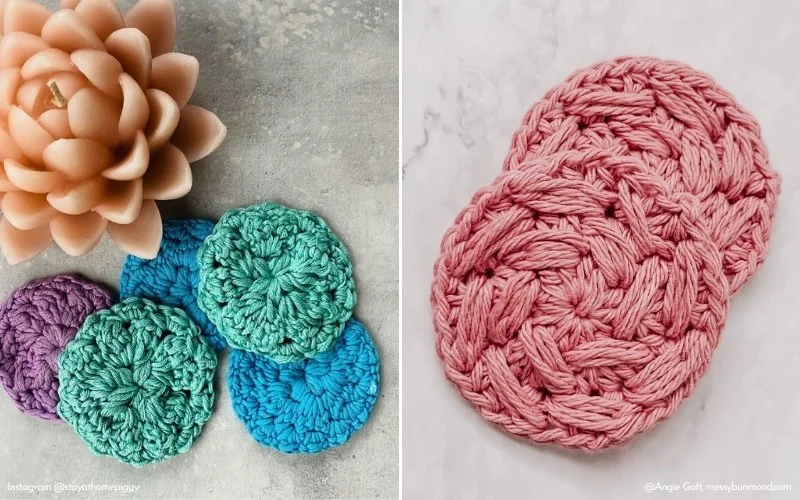 Crocheted cotton face scrubbies, crafted with intricate patterns, are showcased in various colors on a light surface alongside a decorative candle.