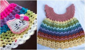 Angel Wing baby dress, beautifully crocheted with rainbow stripes and a pink yoke. This unique piece features a delightful cat face motif adorned with a pink bow on the lower left side, offering an enchanting pattern that adds charm to any little one's wardrobe.