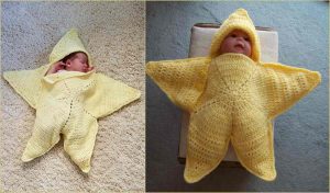 Two images of a baby wrapped in a yellow star-shaped crochet blanket with a hood, lying on a soft surface, reminiscent of "Twinkle Twinkle Little Star.