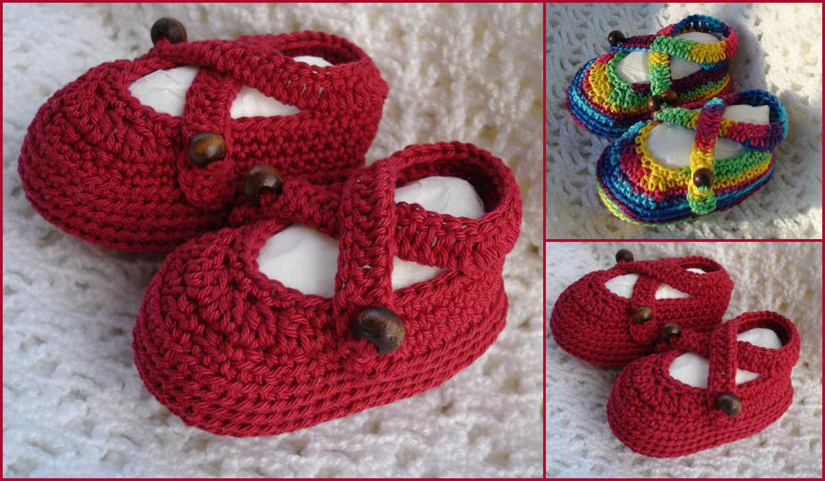 Three pairs of crocheted baby shoes: red with buttons, colorful rainbow sandals, and red with straps, are charmingly displayed on a white textured background. Perfect for those seeking a free pattern to create adorable footwear for their little one.