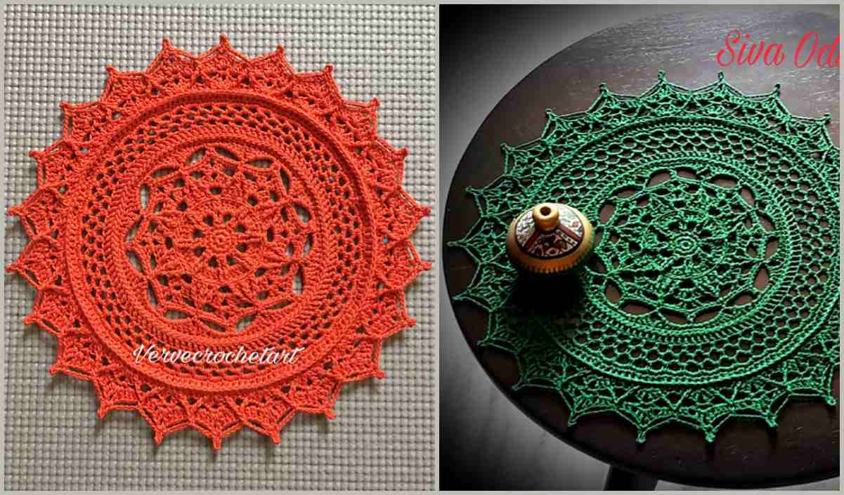 Two crocheted doilies: one red on a gray surface and one green on a dark round table, accompanied by a small decorative item. The intricate Heavenly Flower Doily crochet pattern adds an elegant touch to this charming display.