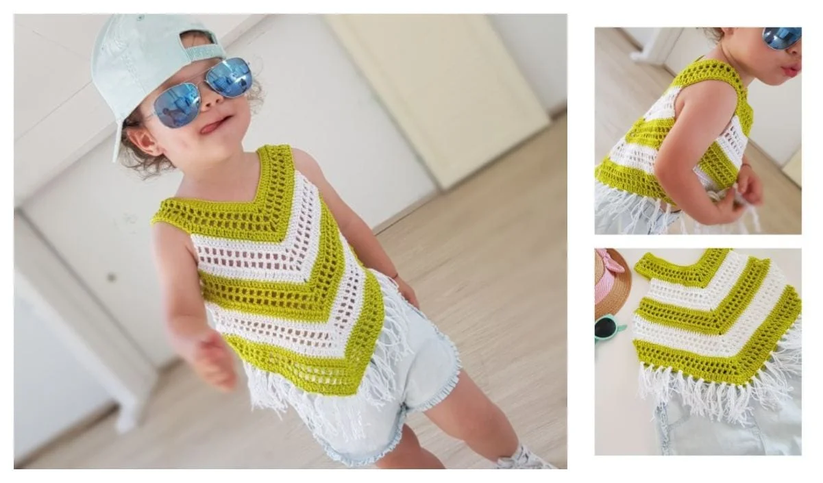 A chubby baby in a crocheted top with green and white stripes, denim shorts, and sunglasses is ready for the sun. Flip-flop sandals complete the adorable look. Enjoy additional images of the top from different angles.