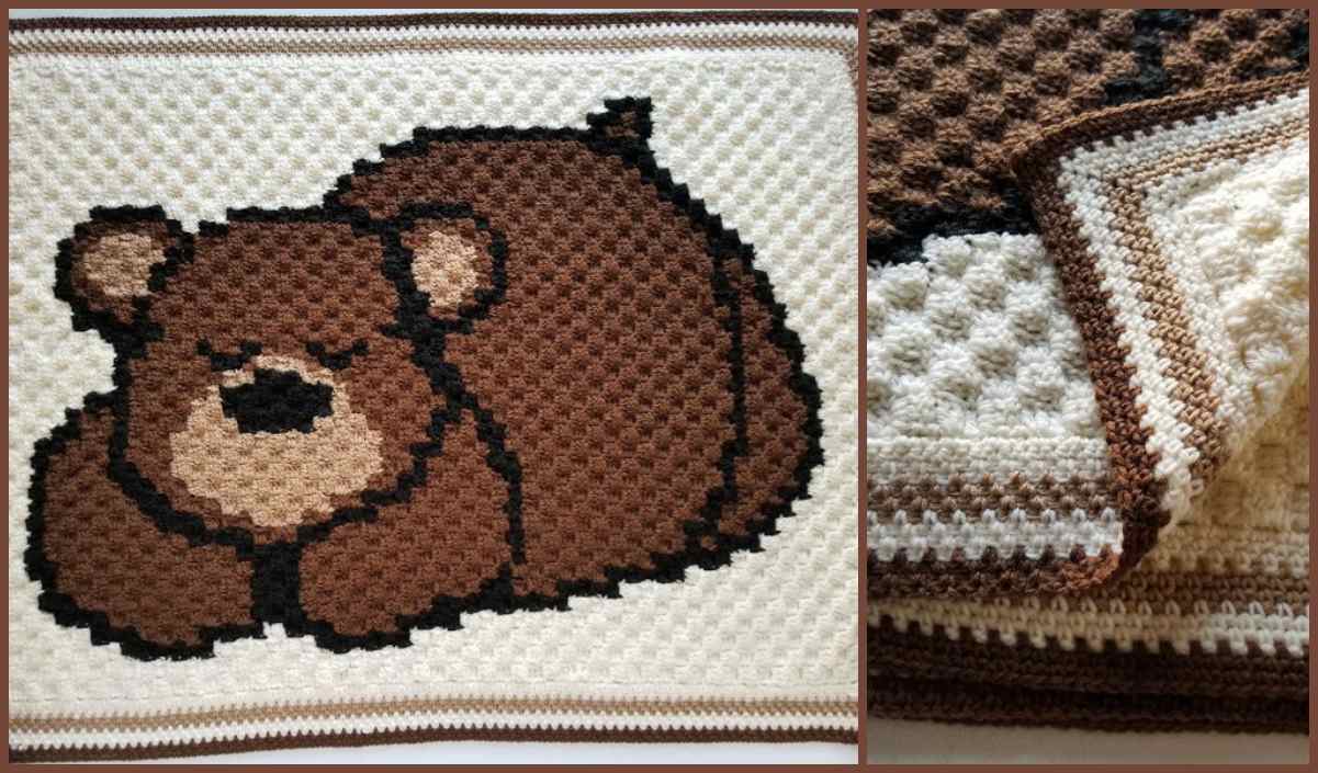 This crocheted baby blanket features a sleepy bear design, showcasing a close-up of the pattern's texture and edges.