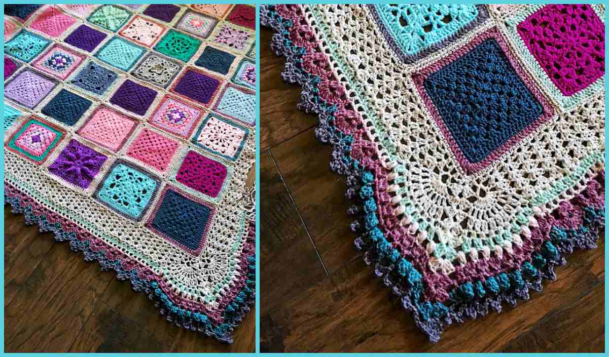 A vintage blanket featuring colorful crocheted squares and an intricate lace border lies gracefully on the wooden floor.