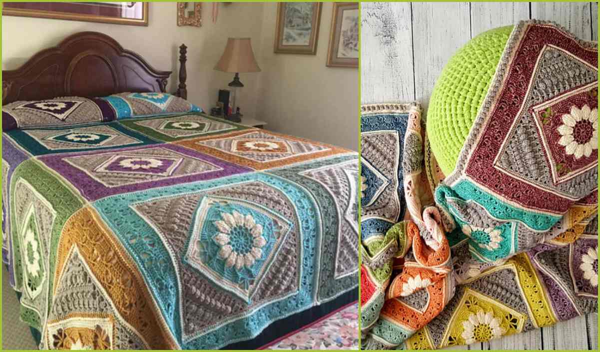 A vibrant crocheted piece, Charlotte's Dream Blanket, adorns the bed with its floral patterns. A close-up showcases the intricate design of this beautiful creation. A true masterpiece available as a free pattern to inspire your next crafting adventure.