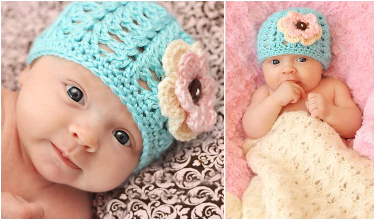 Two images showcase a baby wearing a blue crochet hat with a pink flower, crafted using the shell stitch beanie style. The baby lies on patterned fabric and a pink blanket. Consider making your own with our free pattern and an easy-to-follow video tutorial.