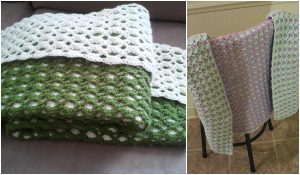 Two crocheted blankets with hexagon patterns: one green and white, folded neatly on a surface, and another purple and white, reminiscent of a baby shell afghan, elegantly draped over a chair.
