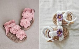 Two pairs of crocheted baby sandals delight the eye: on the left, pink flower embellishments add charm, while the right pair boasts white straps with a purple flower. Discover inspiration and get started with crochet baby sandals using a free pattern.