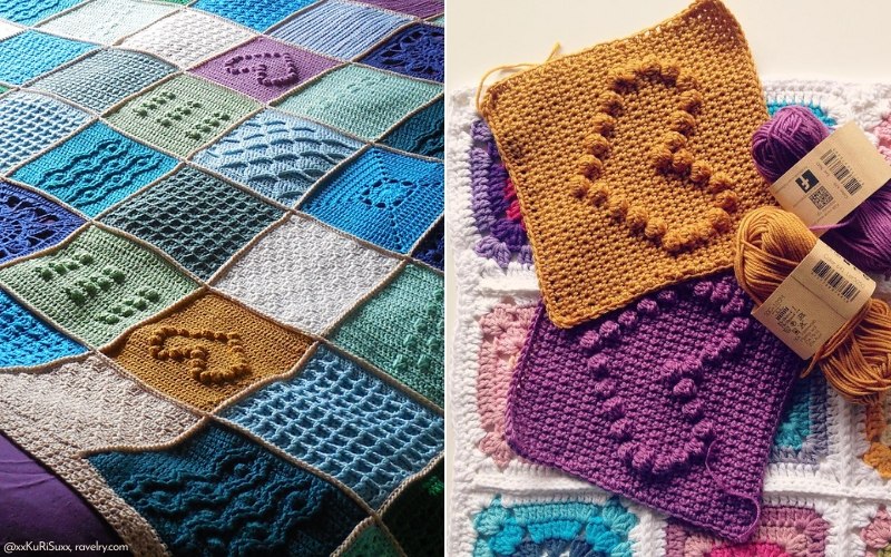 A colorful crocheted blanket, reminiscent of the Last Dance on the Beach Blanket, showcases various patterns. On the right, two mustard yellow squares with heart designs are displayed alongside yarn in purple and mustard yellow.