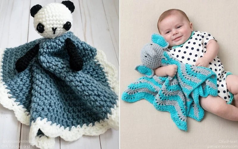 A crocheted panda lovey on the left and a baby holding a crocheted blue elephant lovey on the right, showcasing delightful wild animal designs.