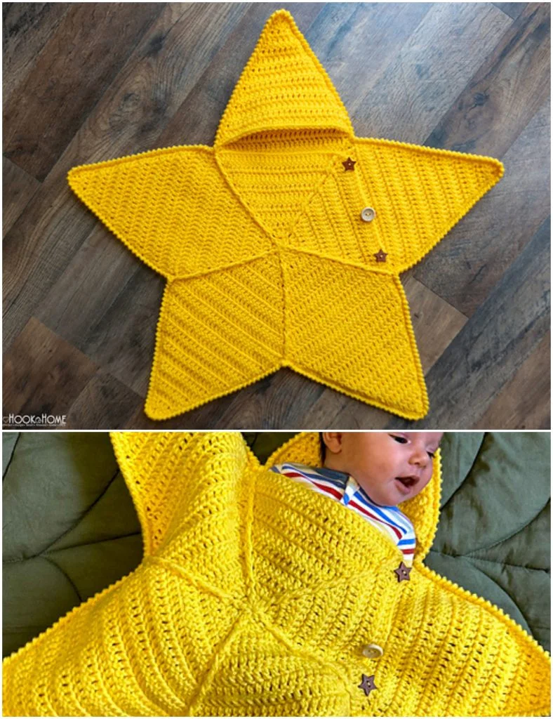 A yellow, crocheted star-shaped baby blanket with buttons, shown flat and with a baby wrapped insideโperfect as a cozy crochet baby star onesie for your little one.