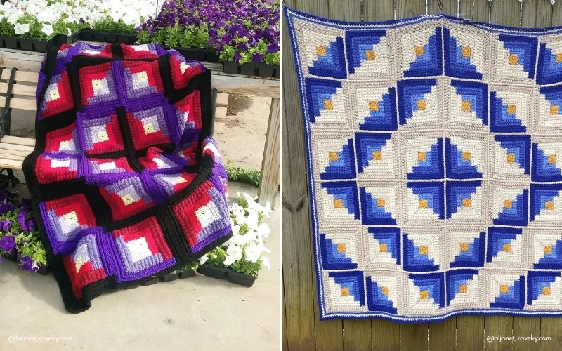 Two crocheted blankets: an Autumn Log Cabin Throw draped over a bench with red, purple, and white squares; the other hanging on a fence showcasing a geometric blue and yellow pattern.