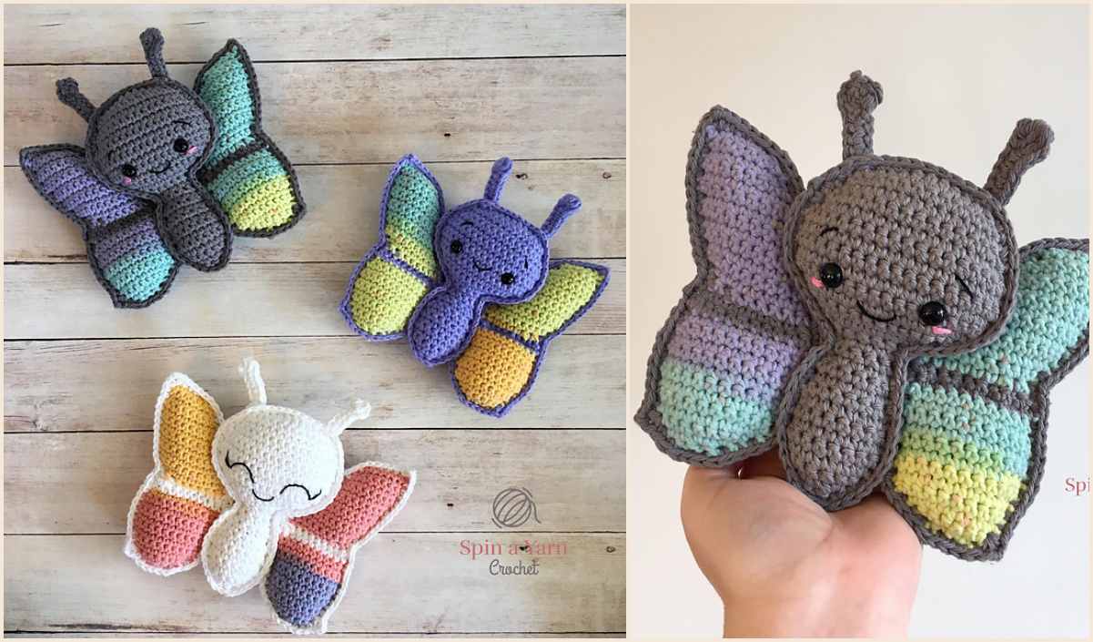 Three crocheted butterfly amigurumi toys in different colors are displayed on a wooden surface, with one being held in a hand. Perfectly crafted from a free crochet pattern, these delightful creations add charm to any setting.