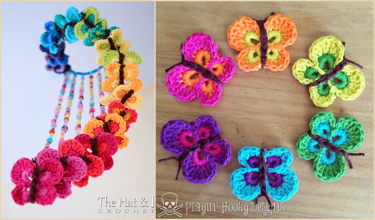 A bountiful display of crocheted butterflies in vivid colors brightens the scene, some arranged in a spiral with beads while others are spread across a wooden surface.