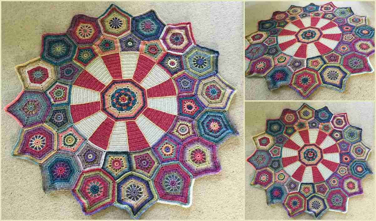 The crocheted mandala-style Carousel Blanket, adorned with colorful hexagonal patterns, lies elegantly on a light carpeted floor, showcased from different angles.