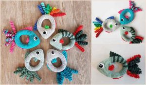Crocheted Ami Fish toys in various colors are arranged in a circle on a wooden surface, with close-up views in insets. Each carefully crafted piece is pattern-perfect and rattle-free, ensuring they are both visually captivating and safe for all.