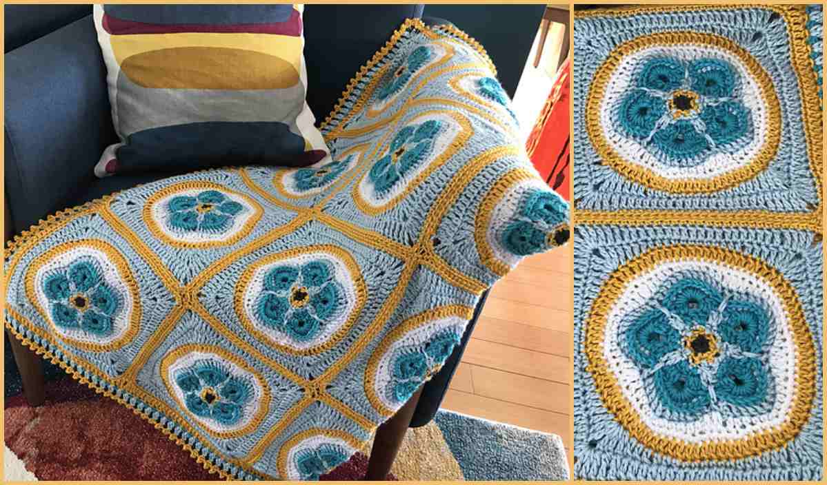 A crocheted blanket with a geometric design in teal, white, and mustard draped over a chair; close-up shows detailed floral pattern. This Forget Me Not Afghan brings cozy elegance to any room and comes with a free crochet pattern for crafting your own masterpiece.