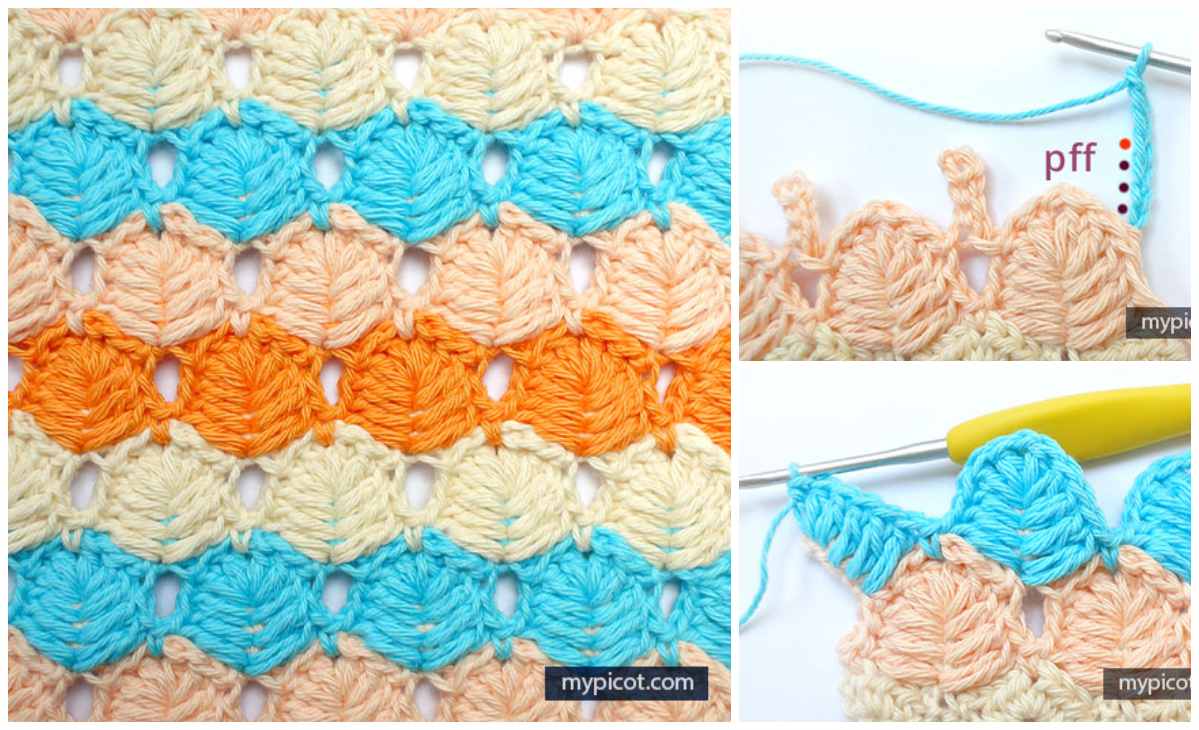 Explore this free crochet pattern featuring a beautiful shell stitch in cream, orange, and blue yarns, complete with step-by-step images that highlight the crochet hook technique. Additionally, try incorporating a delicate leaf stitch for an elegant touch to your project.