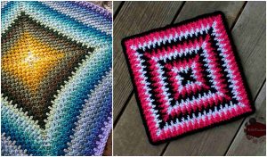 Two crochet squares: the left features a gradient from dark to light blue with a golden center, reminiscent of the Mosaic Ripples Blanket. The right displays concentric patterns in red, pink, white, and black. Both are artfully set against a wooden background, part of a free crochet pattern collection.