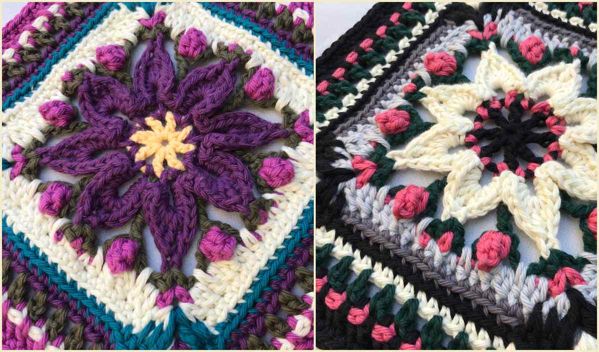 Two close-up crocheted square patterns, each showcasing a floral design in hues of purple, cream, pink, and green on a textured background. Perfect for crafting an afghan pillow or enhancing your tote with a unique touch. Discover the free crochet pattern to get started today!