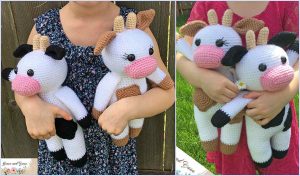 A child holds two amigurumi cow toys, crafted with brown and black patches, showcasing a delightful crochet pattern.