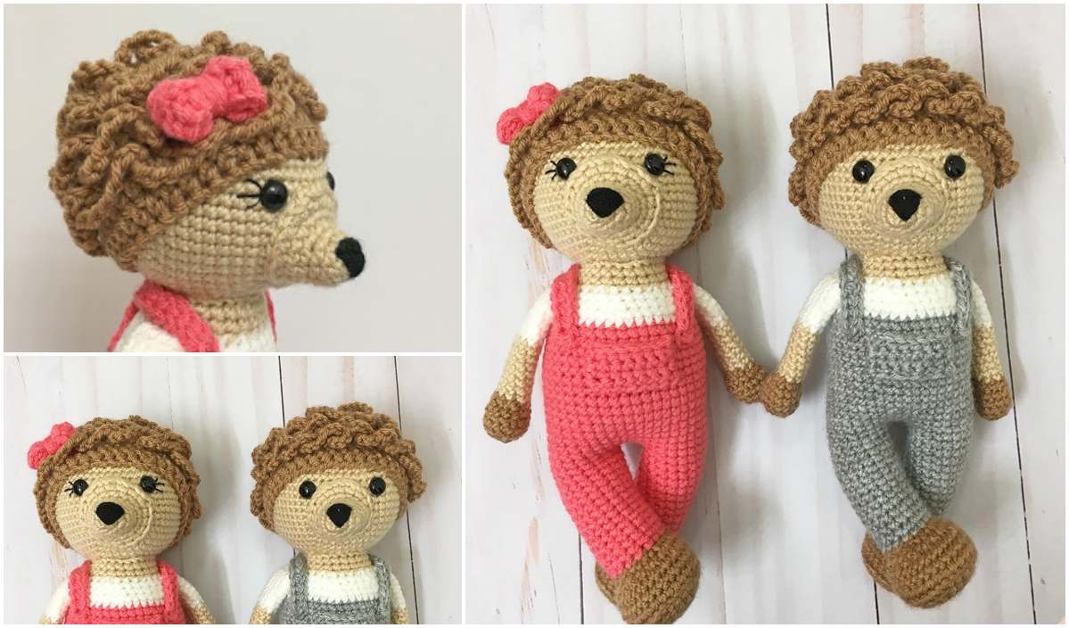 Two crocheted amigurumi animal dolls in overalls, one pink and the other gray, both featuring curly hair and bows. Close-up views highlight their hedgehog-like faces and textured hair. Perfect for those seeking a free crochet pattern to create these charming creatures!