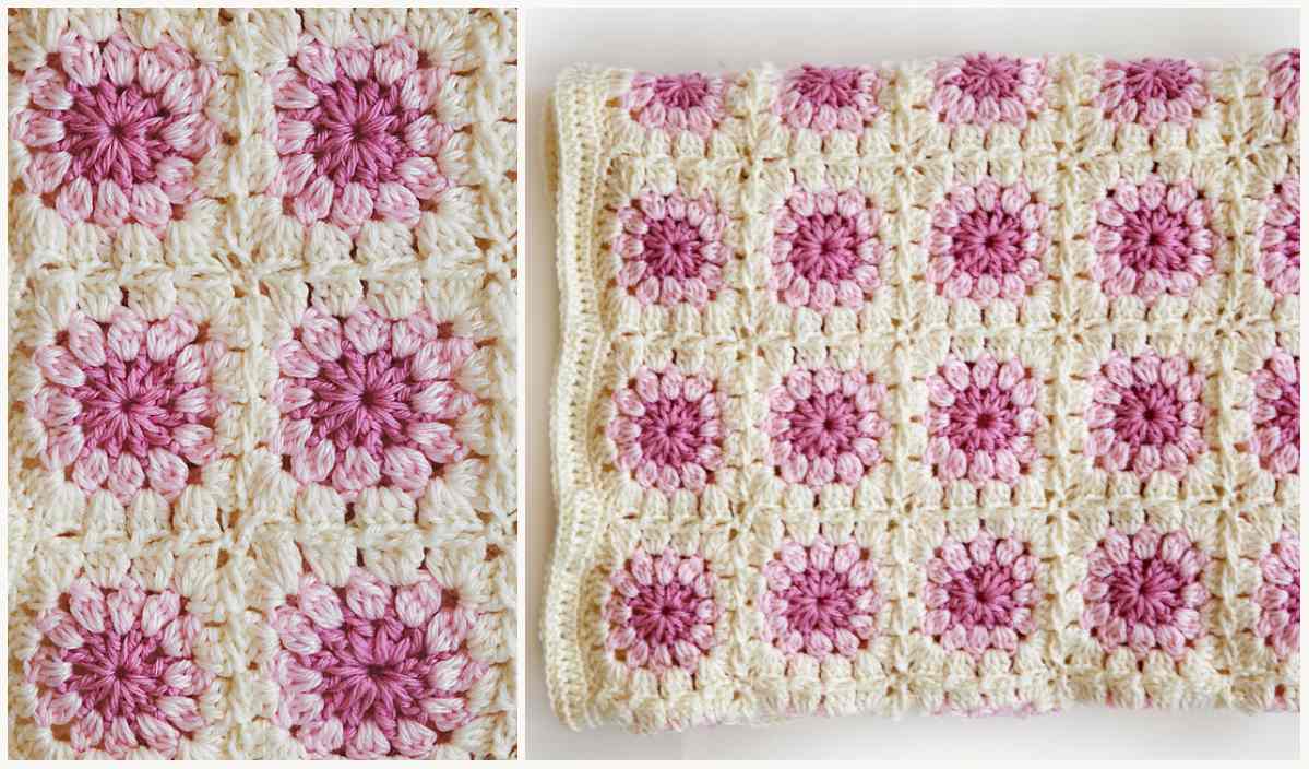 An Afghan crocheted blanket, showcased with a pattern of pink flower motifs surrounded by cream squares, is displayed alongside a folded version on the right.