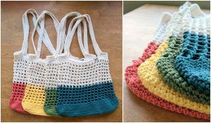 Two images display Color Block Market Bags crafted with crochet mesh, featuring solid color bases in shades of red, yellow, green, and blue stacked on a wooden surface.