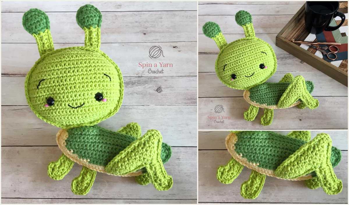 A green crocheted amigurumi grasshopper plush toy is displayed on a wooden surface, accompanied by two smaller inset images showcasing different angles. A "Spin a Yarn Crochet" logo is visible, highlighting the intricate crochet pattern used to create this charming piece.