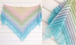 The Midnight Walk Shawl, a multicolored knitted piece with fringe, is displayed on a white wall. Vibrant colors transition from pink to blue to green. A close-up reveals the intricate crochet pattern. Available as a free crochet pattern, it invites creativity and warmth into any wardrobe.