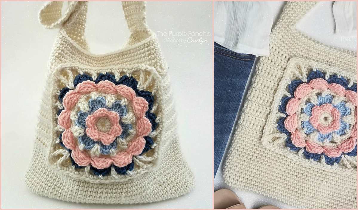 This stylish tote bag features a handcrafted crochet design with a large, multicolored floral pattern on the front. The vibrant crochet pattern comes alive in shades of cream, pink, blue, and beige.