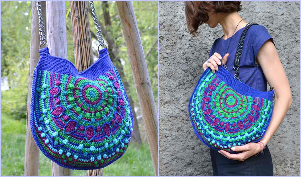 A woman holds a vibrant Peacock Tail Bag, a masterpiece with an intricate circular pattern in blue, green, and purple hues. This stylish crocheted handbag with a chain strap showcases exquisite craftsmanship inspired by the captivating beauty of peacock feathers.