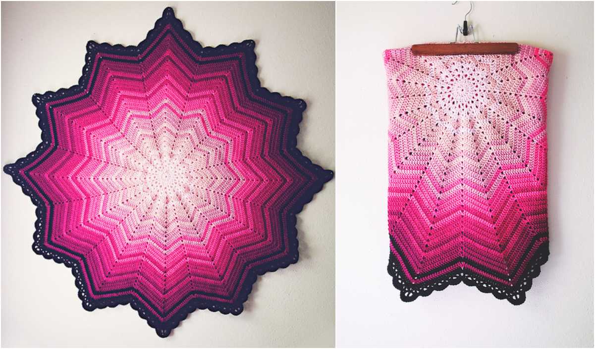 Two images showcase a pink and black crocheted star-shaped blanket. One highlights its intricate design laid flat, while the other displays it neatly folded and hung on a wooden hanger. This unique piece could inspire your next crochet pattern project.