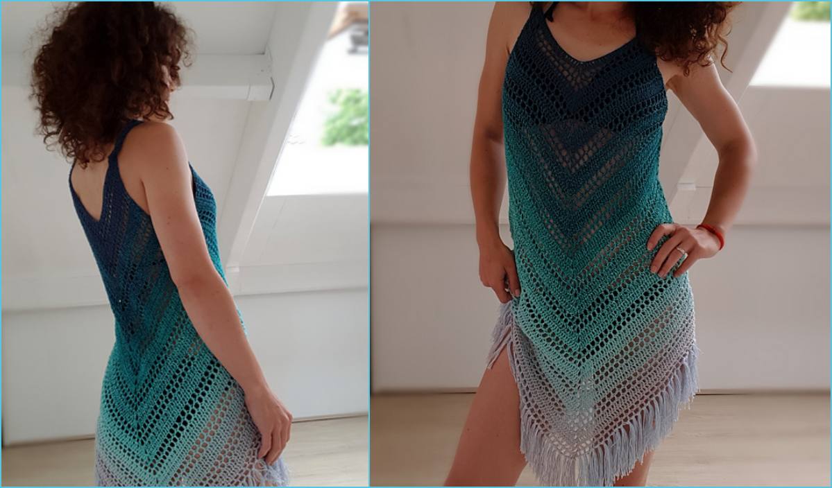 A person wearing a blue to white gradient crochet dress with fringe detail, reminiscent of a sea breeze, stands indoors with hands on hips.