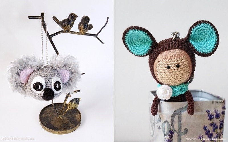 Two crochet crafts: a koala ornament hanging on a branch and a small figure with large ears and teal details inside a white pot, perfect as crochet keychains.