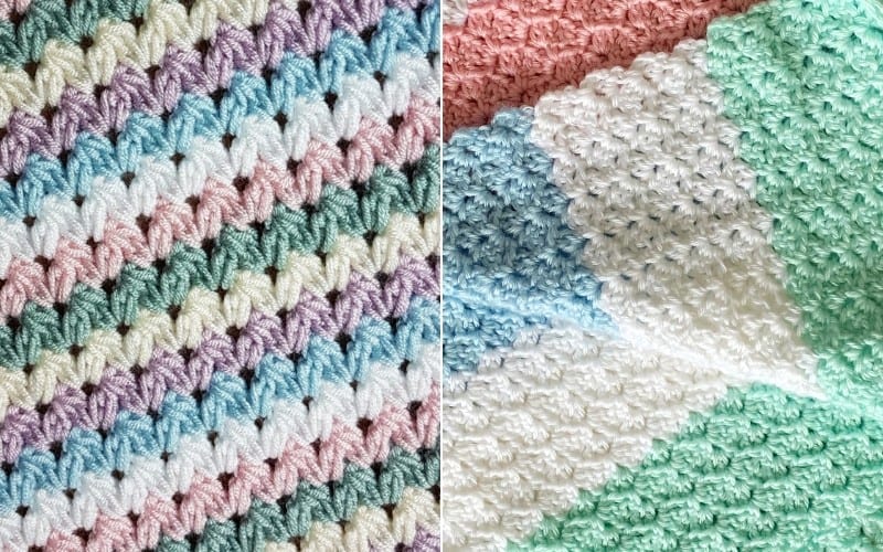 Two crochet patterns side by side: Left, "Sweet as Honey," features pastel stripes, while the right showcases geometric shapes in soft colors. Perfect for a baby blanket, and best of all, they're free patterns!