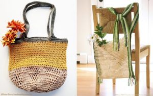 Two handmade crochet bags: one yellow and gray with flowers, another cream with a green strap hanging on a chair, resembling the Malia shoulder bag, complete with a flower inside.