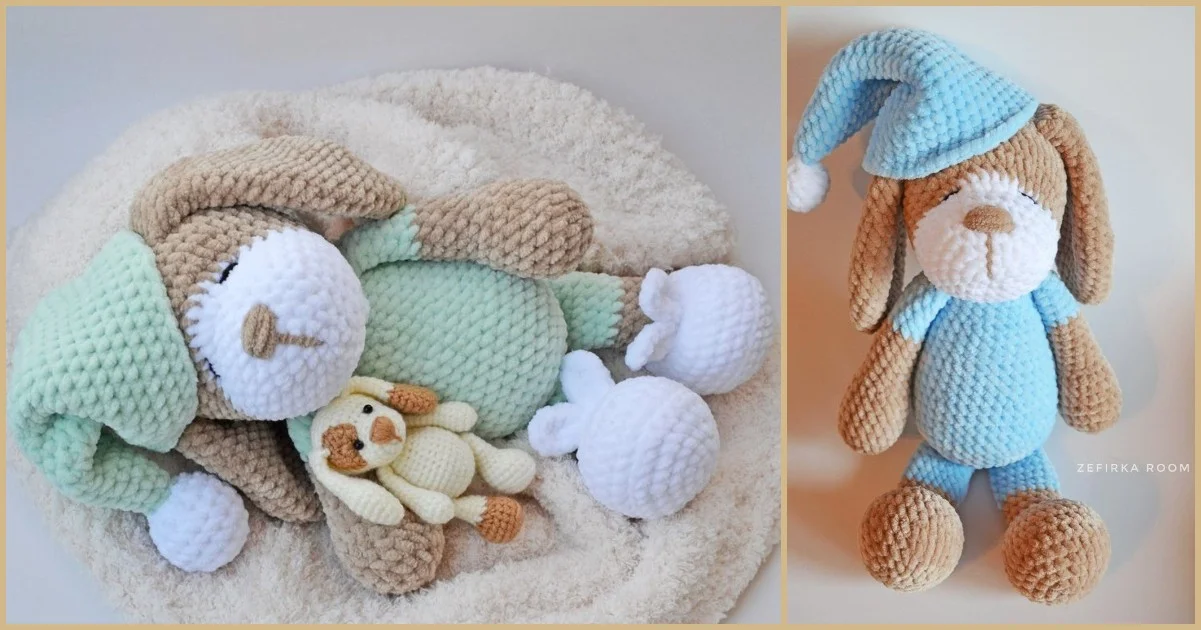 Two crochet stuffed animals: one crocheted using a free pattern, lying on a pillow in a green outfit and holding a small toy; the other is a sleeping dog amigurumi standing in a blue outfit with a matching hat.