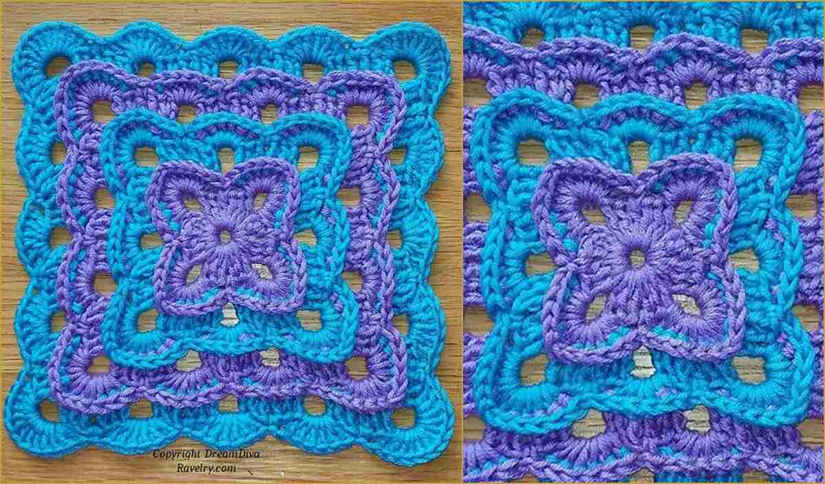 Explore this free crochet pattern showcasing interlocking blue and purple squares elegantly displayed on a wooden surface.