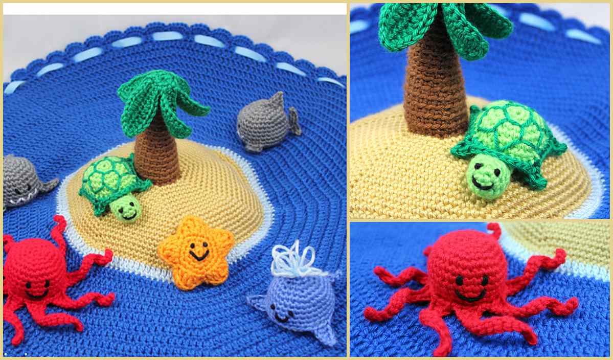 This crocheted beach scene, resembling an island play set, features a palm tree, turtle, dolphin, octopus, starfish, and whale on a round blue mat—perfectly showcasing sea animals and a charming coastal setting.