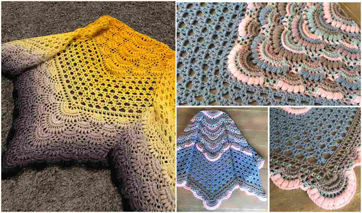 Discover the Mimosa Shawl, a colorful crochet masterpiece with intricate patterns in shades of yellow, pink, blue, and gray. Close-up views highlight the detailed stitching and texture. Perfect for those seeking inspiration from a free crochet pattern.