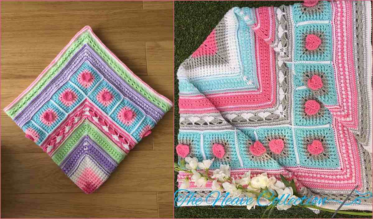 Two colorful crochet blankets, including the Neave Baby Blanket, showcase vibrant geometric patterns and floral decorations. One is folded on a wooden surface, while the other is laid flat on grass with a few flowers nearby, perfect inspiration from a free crochet pattern video tutorial.