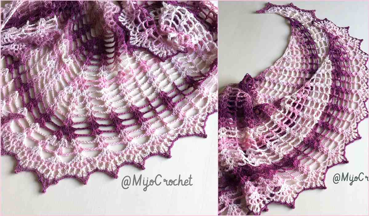 Two views of the Wild Wheat Shawl in shades of purple and pink with lace patterns, displayed on a flat surface. Enjoy crafting this elegant piece with our free crochet pattern.