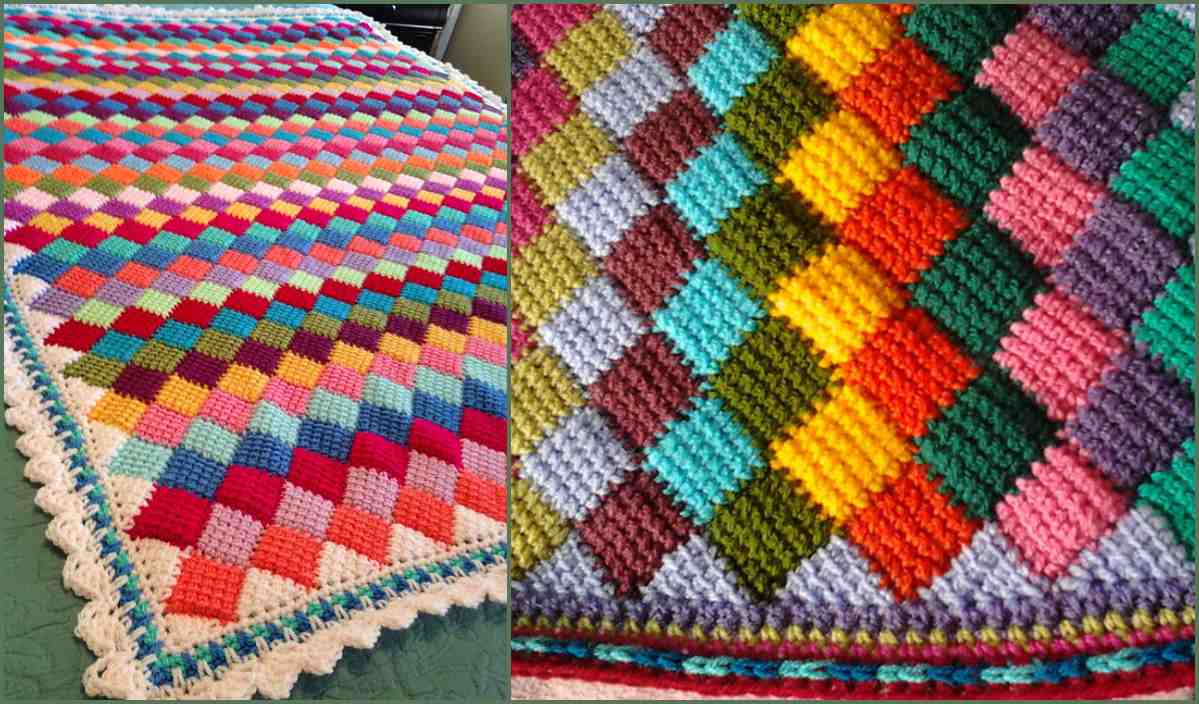 Two crochet blankets with diamond patterns showcase intricate craftsmanship. The left blanket features a vibrant multicolor design, while the right one boasts a more subdued color scheme. Both have a scalloped edge, perfect inspirations for your own Entrelac Throw or other creations.