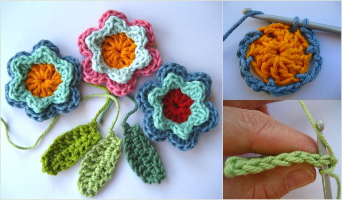 Crocheted flowers in blue, pink, and aqua with vibrant orange centers are accompanied by three green leaves. The crochet pattern showcases artistry, with two images highlighting the intricate work in progress using a crochet hook and colorful yarn.