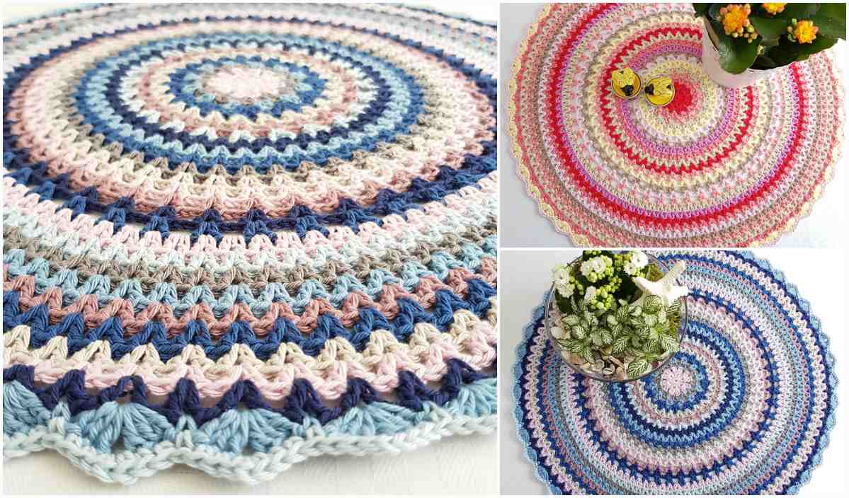 Three round crocheted rugs featuring multicolored patterns in blue, pink, and beige are artfully displayed alongside potted plants. Each rug's intricate design echoes a Polar Mandala, inviting creativity and warmth into your space with its free crochet pattern.