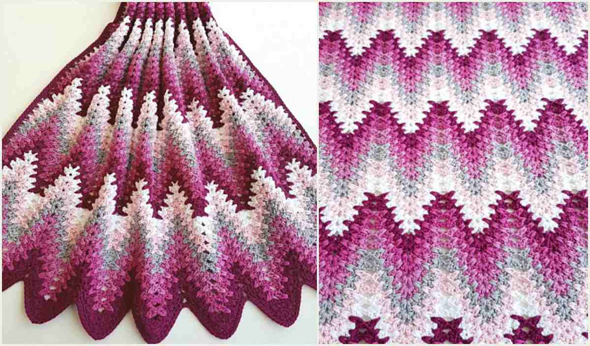 Discover the Heartbeat Ripple Blanket, a crocheted masterpiece with a zigzag pattern in shades of purple, pink, and white. A close-up view reveals its intricate texture and color transitions. Perfect for crafters seeking a free crochet pattern to bring warmth and style to any space.