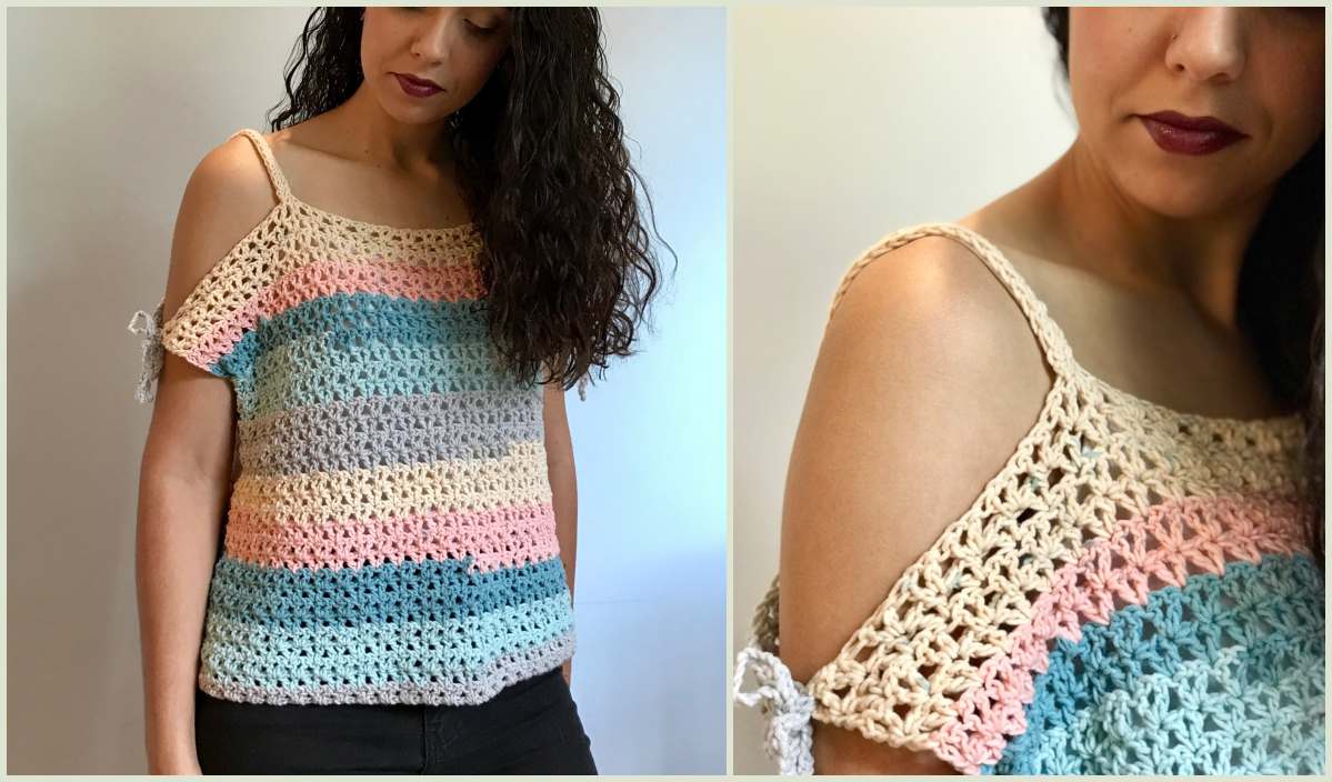 Woman wearing a crocheted Peephole Shoulder Crop Top with pastel stripes in pink, blue, grey, and beige. Close-up on right highlights shoulder detail. Available in sizes S to XL for a perfect fit.