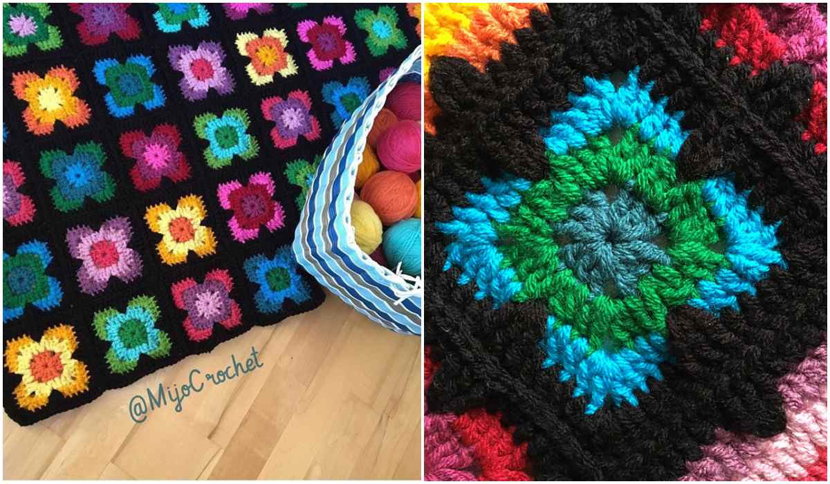 Retro vibe crochet blanket featuring colorful square patterns on a black background sits elegantly next to a basket of yarn. A close-up reveals the intricate beauty of the blue and green square crochet pattern detail on the right, showcasing timeless craftsmanship.